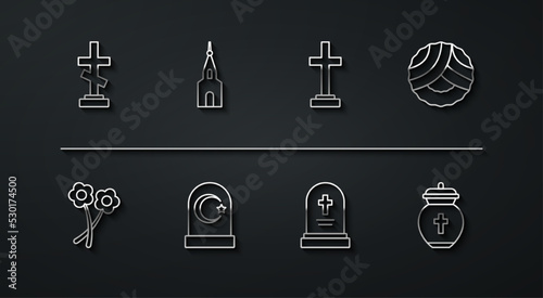 Set line Grave with cross, Flower, Memorial wreath, tombstone, Muslim cemetery, Church building, Funeral urn and icon. Vector