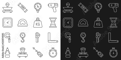 Set line Stopwatch, Corner ruler, Old hourglass with sand, Pressure water meter, Protractor, Clock, Scales and Weight icon. Vector