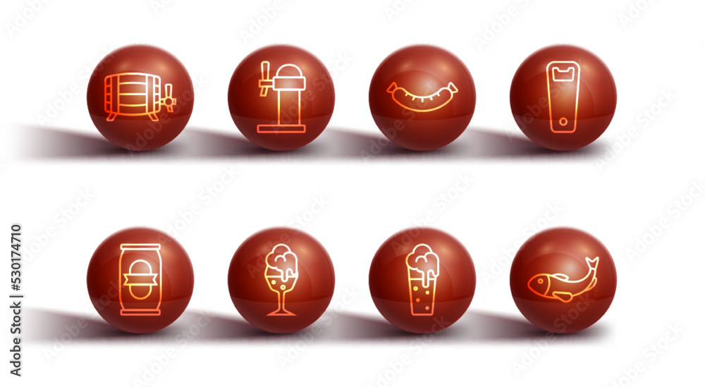 Set line Wooden barrel, Beer can, Bottle opener, Glass of beer, Dispenser, Dried fish and Sausage icon. Vector Set line Wooden barrel, Beer can, Bottle opener, Glass of beer, Dispenser, Dried fish and Sausage icon. Vector