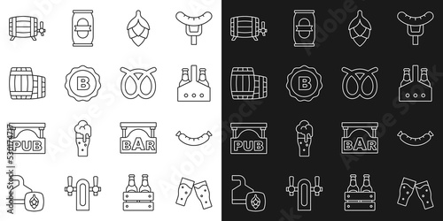 Set line Glass of beer, Sausage, Pack bottles, Hop, Bottle cap with, Wooden barrel, and Pretzel icon. Vector
