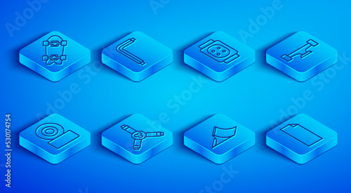 Set line Longboard or skateboard, Tool allen keys, Knee pads, Skateboard Y-tool, park, wheel, and Grip tape icon. Vector