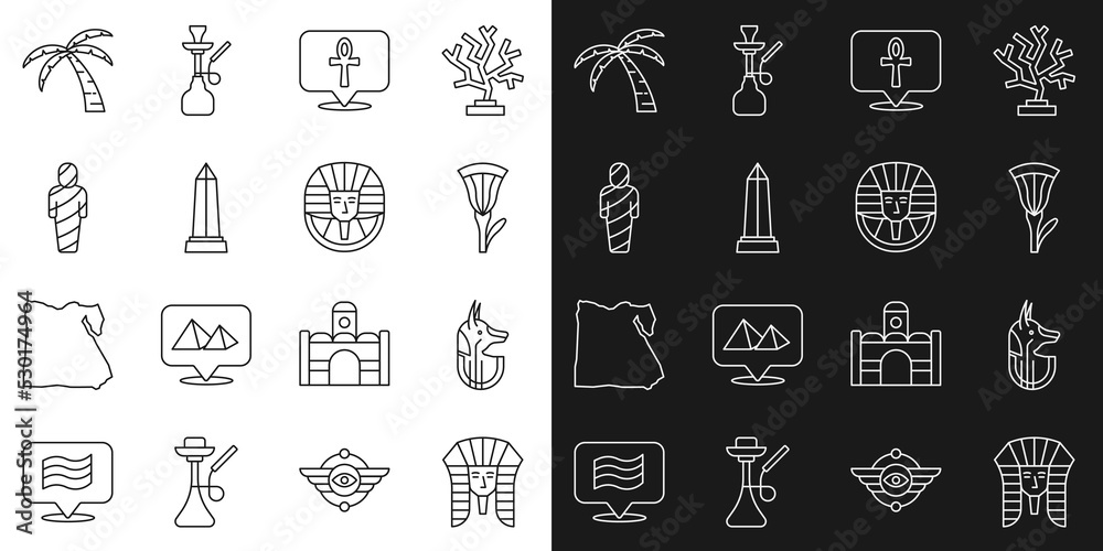 Set line Egyptian pharaoh, anubis, lotus, Cross ankh, Obelisk of Alexandria, mummy, Tropical palm tree and icon. Vector