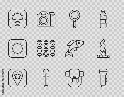 Set line Location for camping, Flashlight, Magnifying glass, Shovel, Sunrise, Grilled shish kebab skewer, Hiking backpack and Campfire icon. Vector