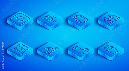 Set line Moon and stars, Torch flame, Carabiner, Rv Camping trailer, Waterproof rubber boot, Binoculars, hiking map and Bucket icon. Vector