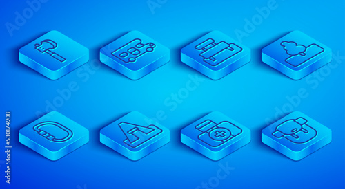 Set line Wooden axe, RV motorhome vehicle, Bench, Tourist tent, First aid kit, Tree, Carabiner and Hiking backpack icon. Vector