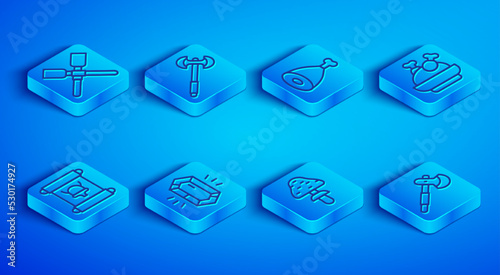 Set line Oars or paddles boat, Medieval poleaxe, Chicken leg, Gem stone, Mushroom, Roasted turkey chicken, Decree, parchment, scroll and Wooden icon. Vector
