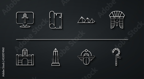Set line Cross ankh, Egyptian house, pharaoh, Scarab, Obelisk of Alexandria, Papyrus scroll, Crook and pyramids icon. Vector