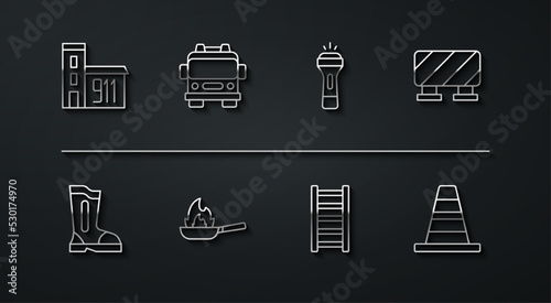 Set line Building of fire station, Fire boots, Road barrier, escape, Pan with, truck, Traffic cone and Flashlight icon. Vector