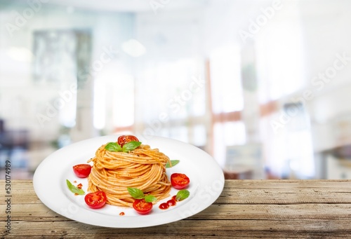 Tasty fresh noodles dish on the desk