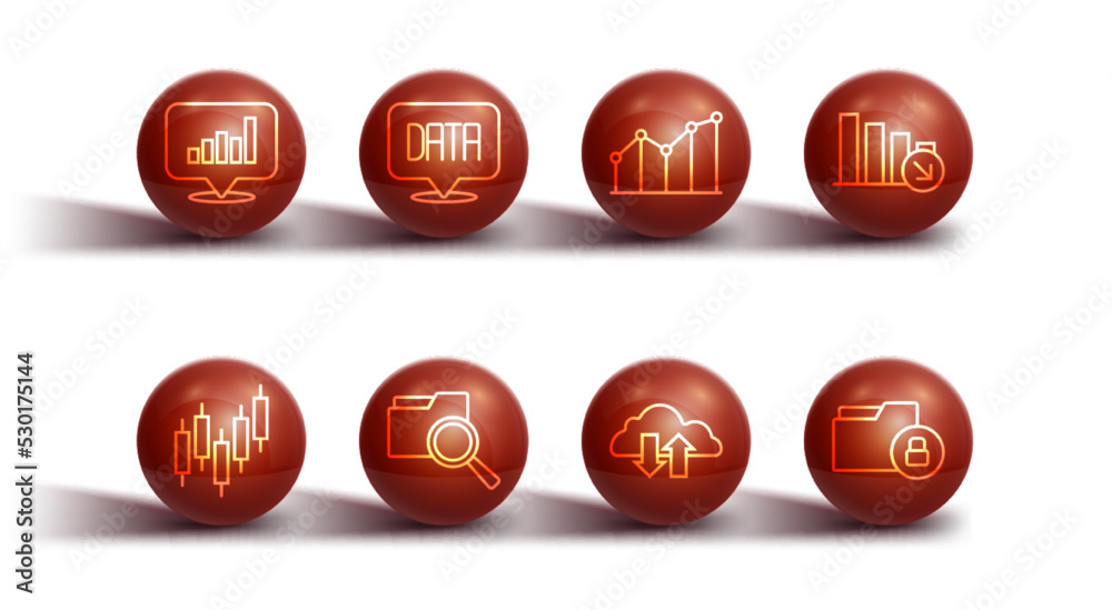 Set line Pie chart infographic, Browser with stocks market, Financial growth decrease, Cloud download and upload, Search folder, Data analysis, Folder lock and icon. Vector Set line Pie chart infographic, Browser with stocks market, Financial growth decrease, Cloud download and upload, Search folder, Data analysis, Folder lock and icon. Vector