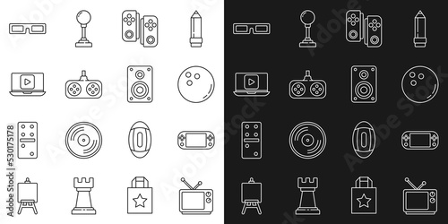 Set line Retro tv, Portable video game console, Bowling ball, Gamepad, Online play, Cinema glasses and Stereo speaker icon. Vector