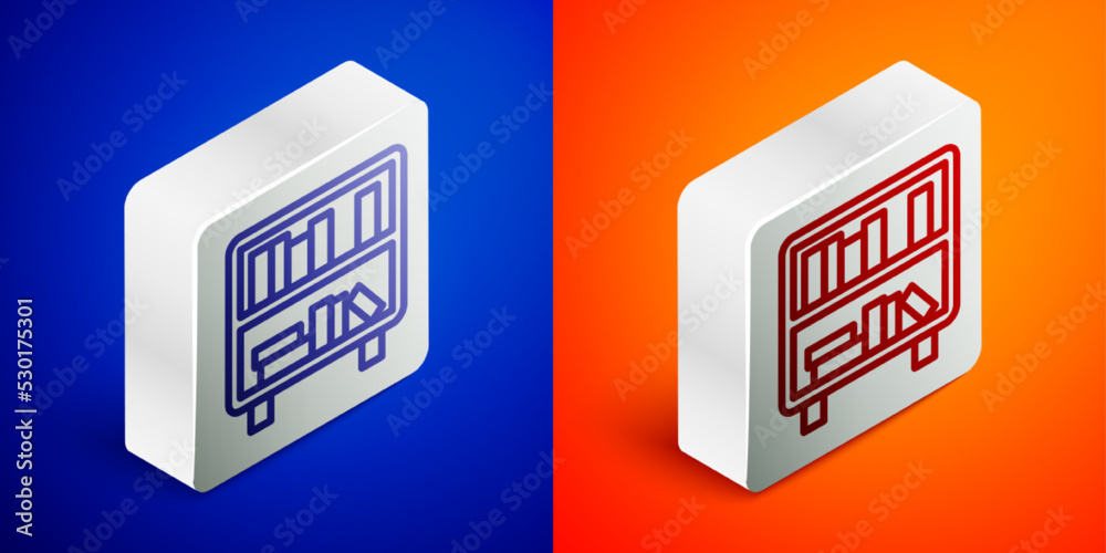 Isometric line Shelf with books icon isolated on blue and orange background. Shelves sign. Silver square button. Vector Isometric line Shelf with books icon isolated on blue and orange background. Shelves sign. Silver square button. Vector