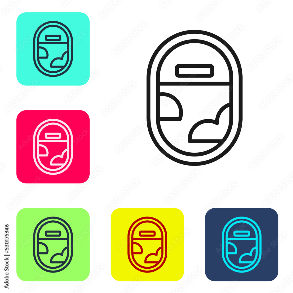 Black line Airplane window icon isolated on white background. Aircraft porthole. Set icons in color square buttons. Vector