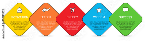 Five rotated squares on the bias arranged next to each other, can be used as infographics element illustrating steps in process