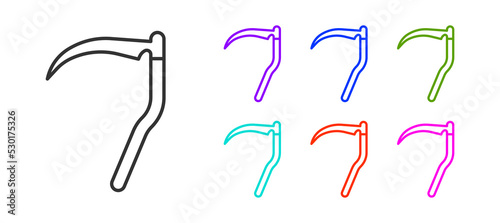 Black line Scythe icon isolated on white background. Happy Halloween party. Set icons colorful. Vector