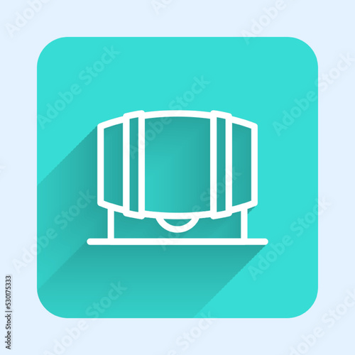 White line Wooden barrel for wine icon isolated with long shadow background. Green square button. Vector
