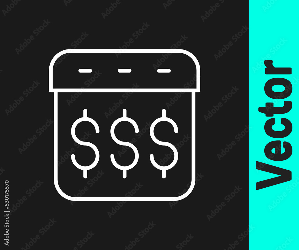 White line Payday, calendar with dollar icon isolated on black background. Vector