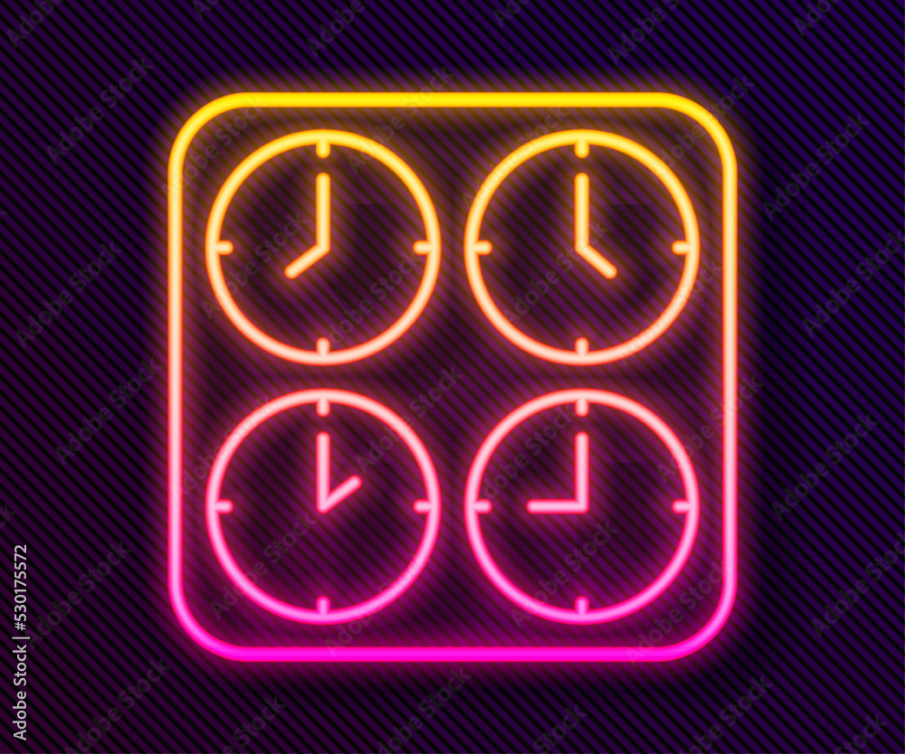 Glowing neon line Time zone clocks icon isolated on black background. Vector