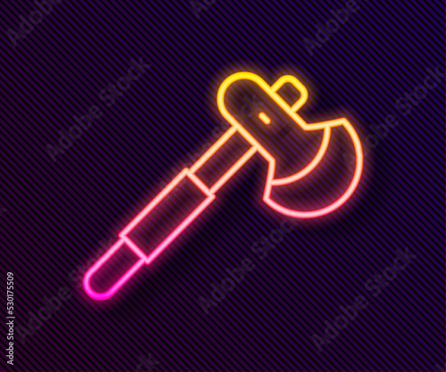 Glowing neon line Wooden axe icon isolated on black background. Lumberjack axe. Vector