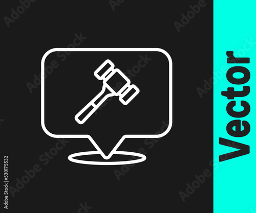 White line Auction hammer icon isolated on black background. Gavel - hammer of judge or auctioneer. Bidding process, deal done. Auction bidding. Vector