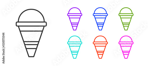 Black line Fire cone bucket icon isolated on white background. Metal cone bucket empty or with water for fire fighting. Set icons colorful. Vector