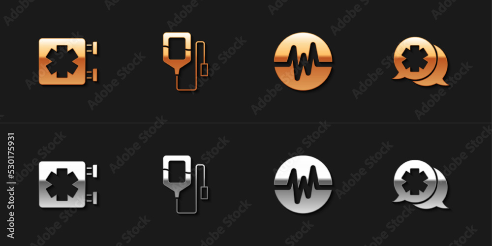Set Medical symbol of the Emergency, IV bag, Heart rate and Dialogue with doctor icon. Vector Set Medical symbol of the Emergency, IV bag, Heart rate and Dialogue with doctor icon. Vector