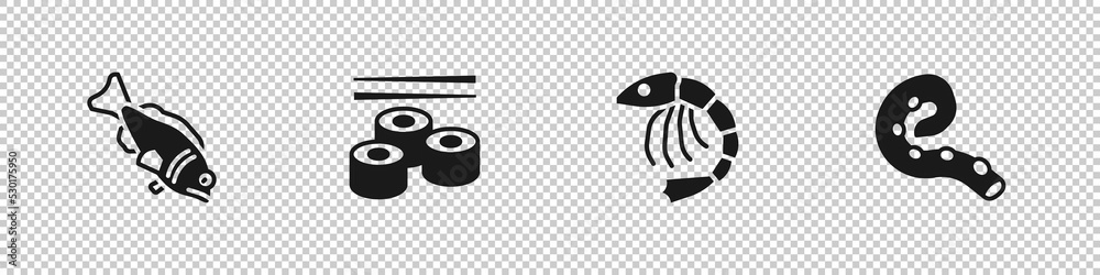 Set Fish, Sushi, Shrimp and Octopus of tentacle icon. Vector Set Fish, Sushi, Shrimp and Octopus of tentacle icon. Vector