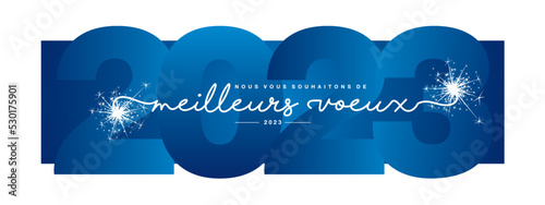 We wish you Happy New Year 2023 french language, modern design, new updated handwritten lettering with white blue 2023 year background and sparkle firework