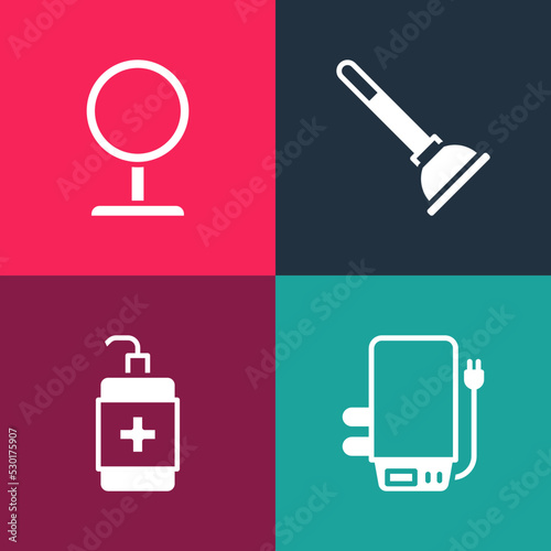 Set pop art Electric boiler, Hand sanitizer bottle, Rubber plunger and Round makeup mirror icon. Vector