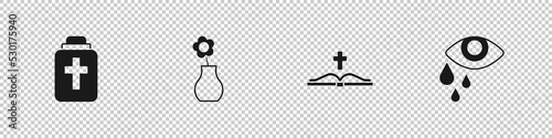 Set Funeral urn, Flower in vase, Holy bible book and Tear cry eye icon. Vector
