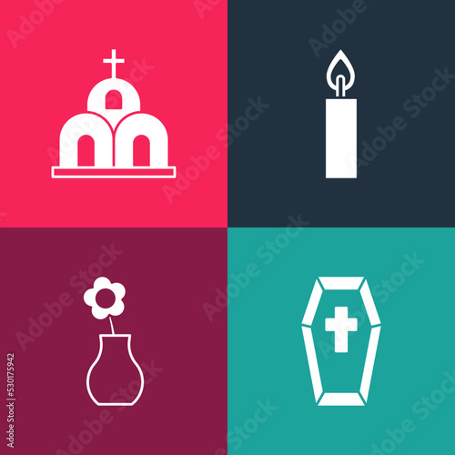 Set pop art Coffin with cross, Flower vase, Burning candle and Church building icon. Vector