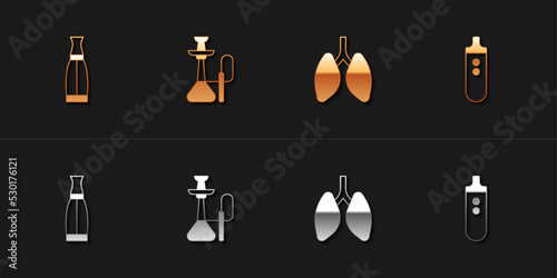 Set Vape liquid bottle, Hookah, Lungs and Electronic cigarette icon. Vector