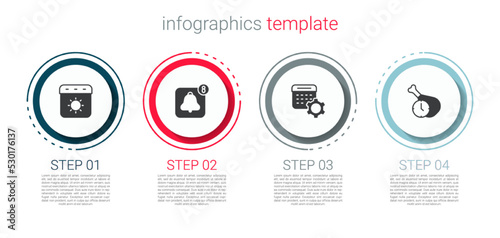 Set Calendar summer, Alarm clock app mobile, settings and Food time. Business infographic template. Vector