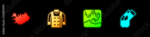 Set Map of Iceland, Sweater, Northern lights and Socks icon. Vector