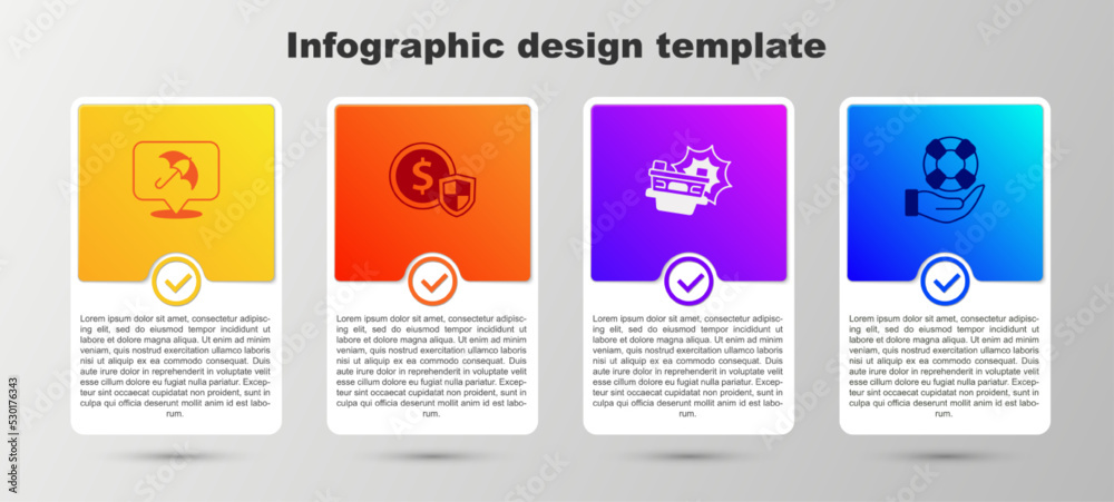Set Umbrella, Money with shield, Car accident and Lifebuoy in hand. Business infographic template. Vector Set Umbrella, Money with shield, Car accident and Lifebuoy in hand. Business infographic template. Vector