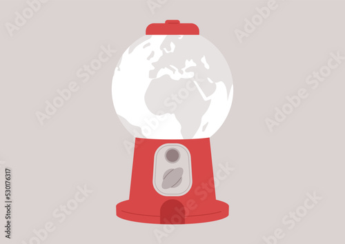 Planet Earth stylized as a vintage gum ball machine template, overconsumption crisis concept