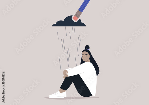 A young upset female Asian character hugging their knees, a pencil eraser erasing a black rain cloud hovering above them, the process of recovering after a great loss