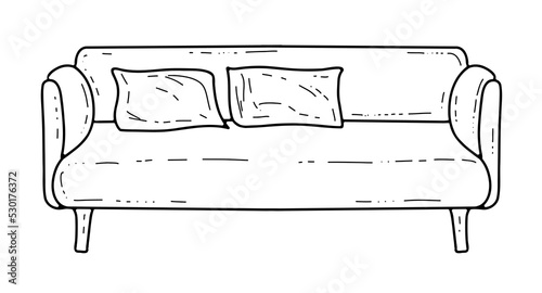 Hand-drawn soft sofa with pillows on four legs in doodle style. An element of the interior. 