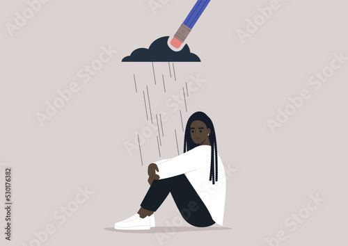 A young upset female African character hugging their knees, a pencil eraser erasing a black rain cloud hovering above them, the process of recovering after a great loss