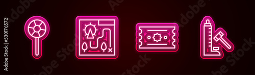 Set line Lollipop, Amusement park map, Ticket and Striker attraction with hammer. Glowing neon icon. Vector