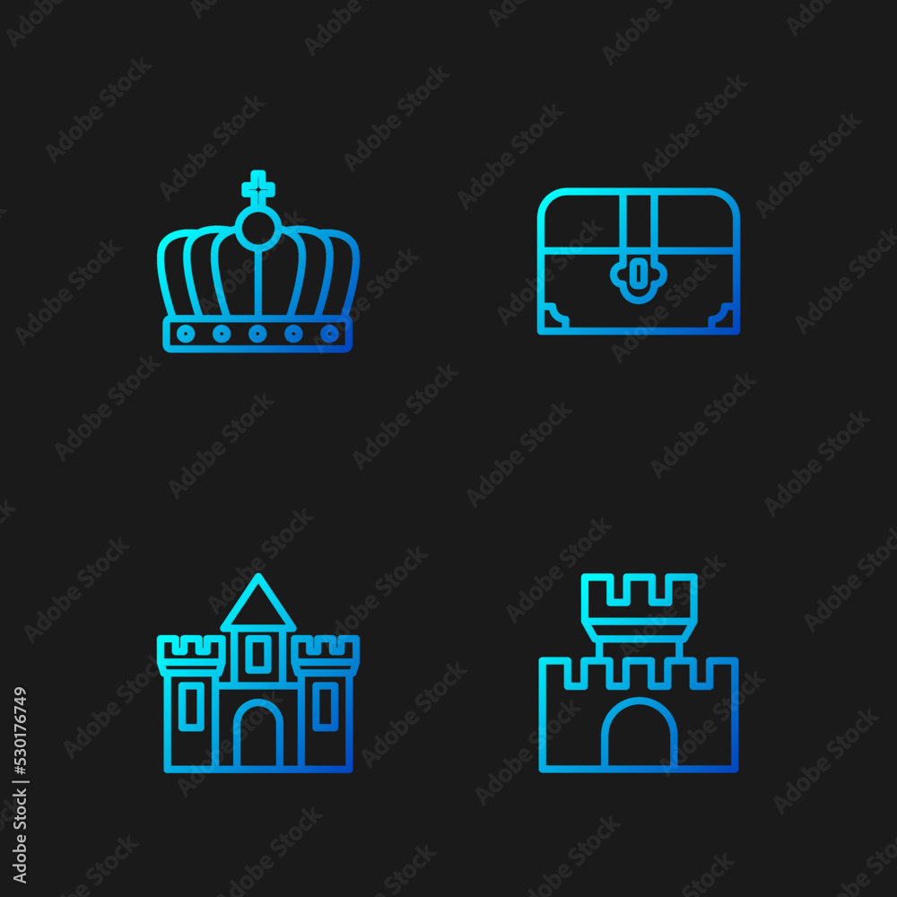Set line Castle, fortress, , King crown and Antique treasure chest. Gradient color icons. Vector