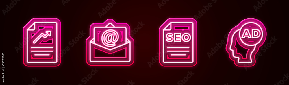 Set line Document with graph chart, Mail and e-mail, SEO optimization and Advertising. Glowing neon icon. Vector Set line Document with graph chart, Mail and e-mail, SEO optimization and Advertising. Glowing neon icon. Vector