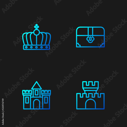 Set line Castle  fortress    King crown and Antique treasure chest. Gradient color icons. Vector