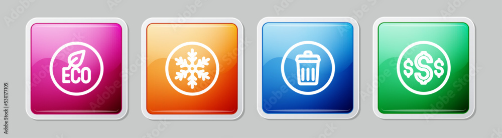 Set line Leaf Eco symbol, Snowflake, Trash can and Dollar. Colorful square button. Vector Set line Leaf Eco symbol, Snowflake, Trash can and Dollar. Colorful square button. Vector