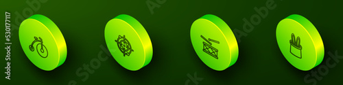Set Isometric line Vintage bicycle, Target sport, Drum with drum sticks and Magician hat and rabbit ears icon. Vector