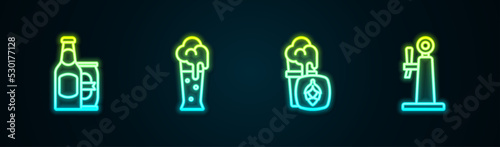 Set line Beer bottle and beer can, Glass of, and tap. Glowing neon icon. Vector