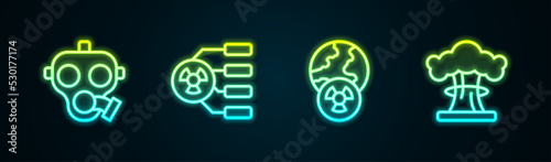 Set line Gas mask, Radioactive, Planet earth and radiation and Nuclear explosion. Glowing neon icon. Vector