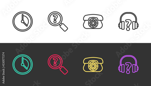 Set line Time Management, Unknown search, Telephone and Headphones on black and white. Vector