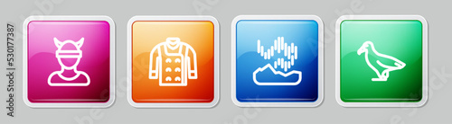 Set line Viking head, Sweater, Northern lights and Albatross. Colorful square button. Vector