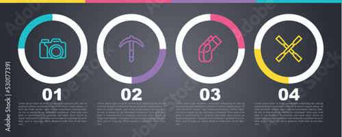 Set line Photo camera, Pickaxe, Socks and Oars or paddles boat. Business infographic template. Vector